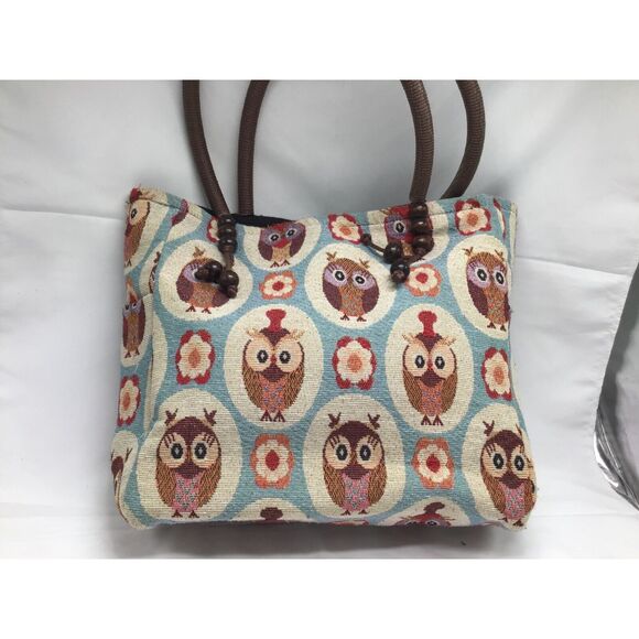 Unbranded Handbags - Owl Canvas Tote Handbag Zipper Lined Wooden Beads Shoulder Bag
